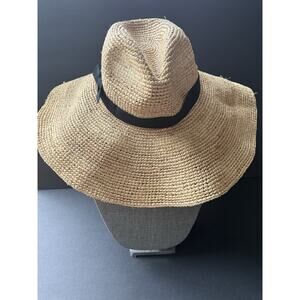 J Crew Rafia Wide Brim Floppy Hat Bow Tan Boho Beachy Resort Travel Packable